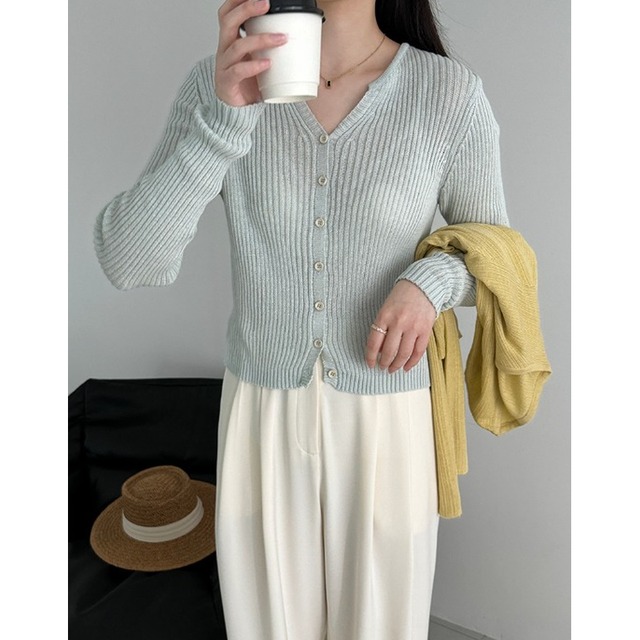 Vネック細リブニットカーディガン　201302