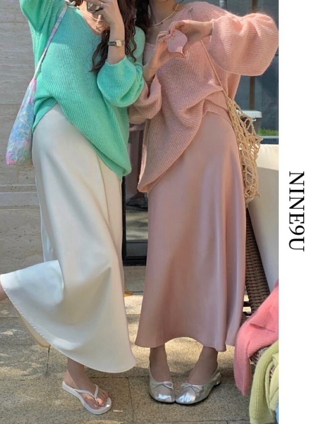 satin plain smooth long-skirt 3color【NINE7805】