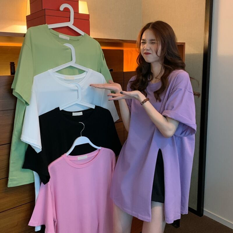 ネットレッドスプリットTシャツレディースインスーパーファイヤーホワイト半袖サマードレス2020新バージョンルーズミドル丈トップ 1号婦人21373451598