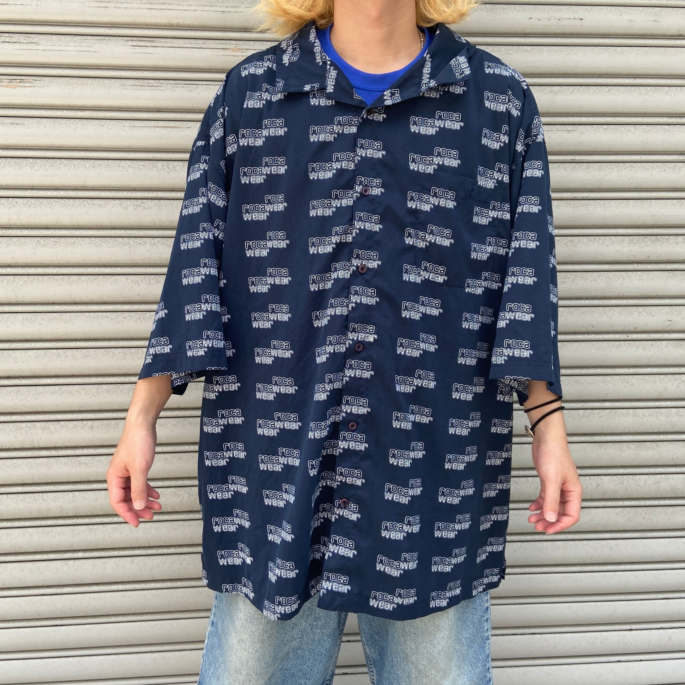 Rocawear 総柄オープンカラーシャツ ブランドロゴ ビッグ 紺 3XL