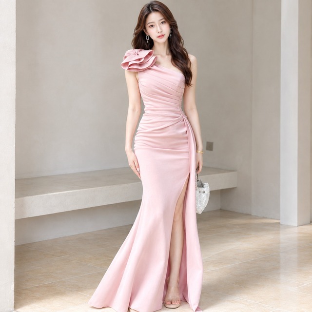 One-shoulder frill long dress(7color) V3652