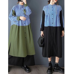 CONTRAST STITCH DESIGN A-LINE MIDI SHIRT DRESS 2colors M-15083