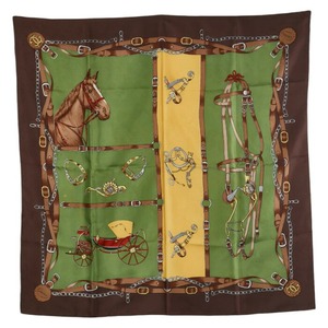 グッチ 馬 馬車 スカーフ ブラウン グリーン イエロー シルク レディース GUCCI 【中古】