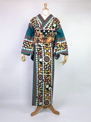 【M寸即納品あり】ポリエステル小紋　「Gentle Shield」  ピーコックグリーン