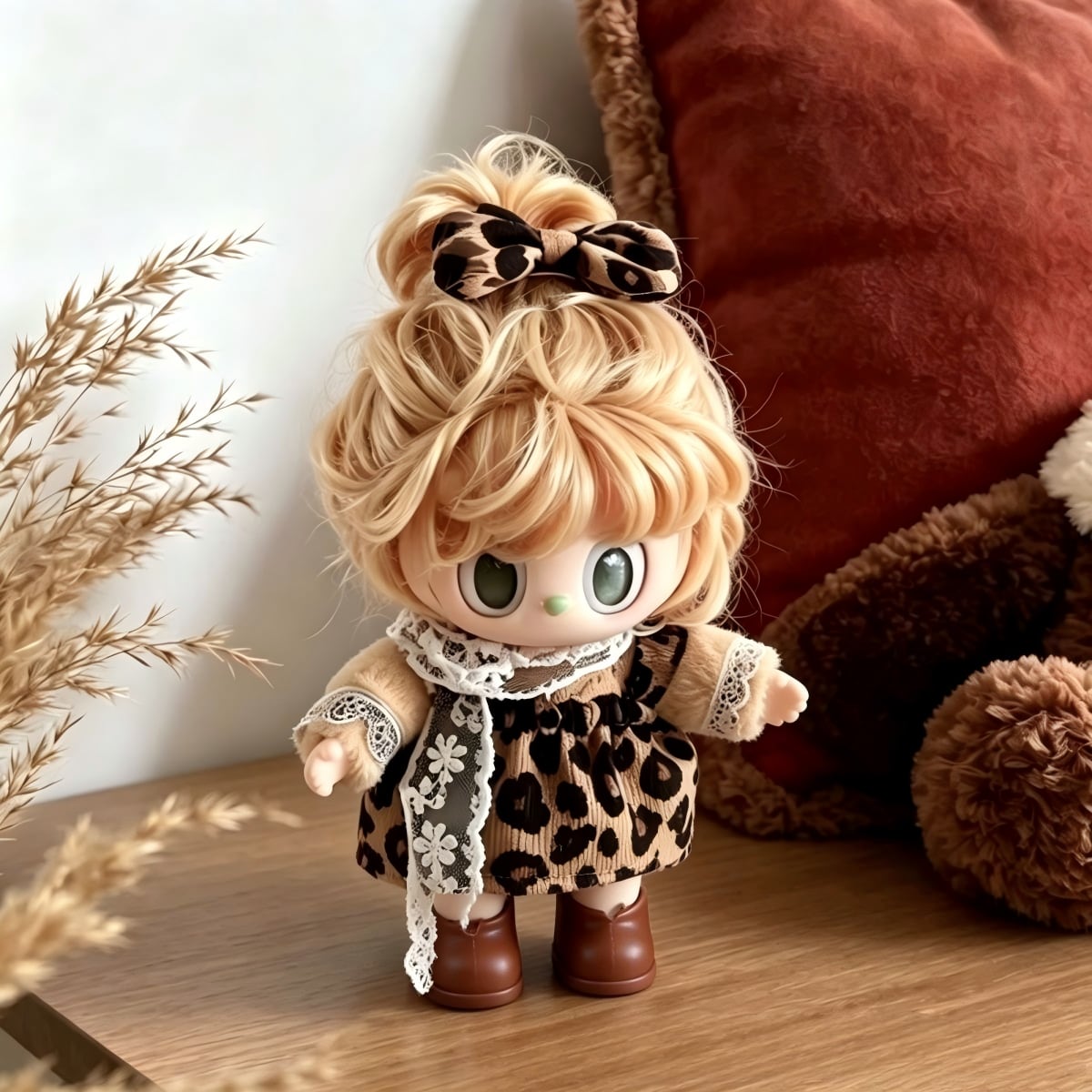 LABUBU 1-3世代対応 レトロ レオパード柄 ワンピース+ヘアアクセサリー