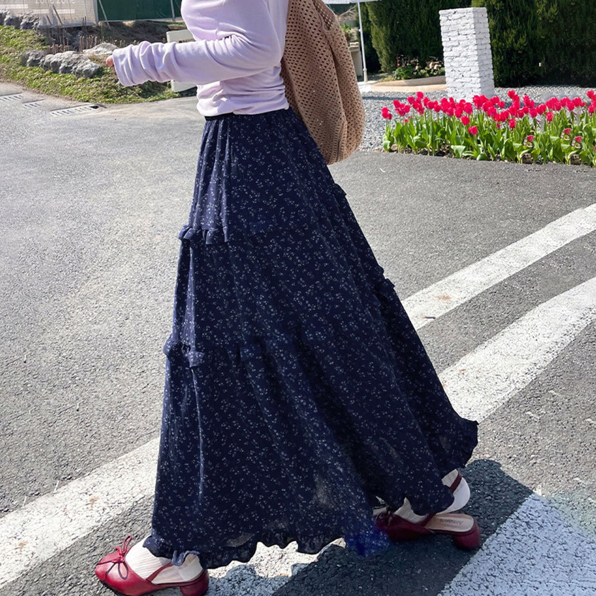 ロングスカート ティアード レディース おしゃれ 春夏 韓国 小花柄 ティアードスカート 大人 きれいめ かわいい フェミニン ゆったり 体型カバー フリルティアード ハイウエスト Aライン 大人可愛い 大人女子