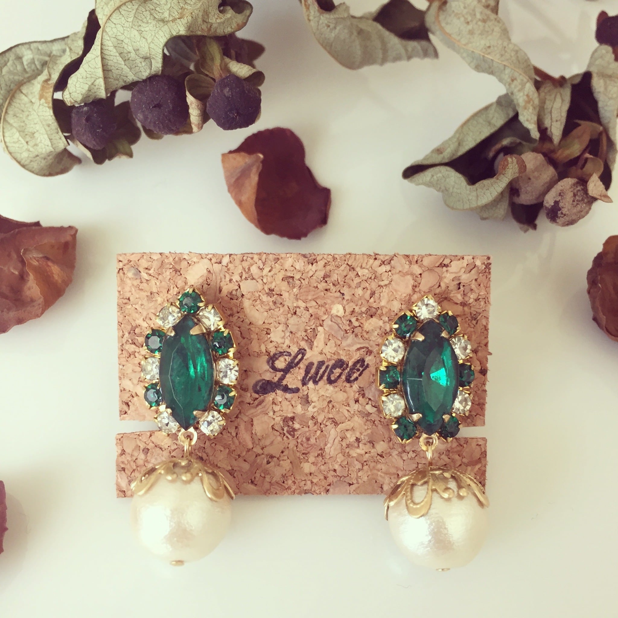 vintage green ビジュー× cotton pearl イヤリング | Luce