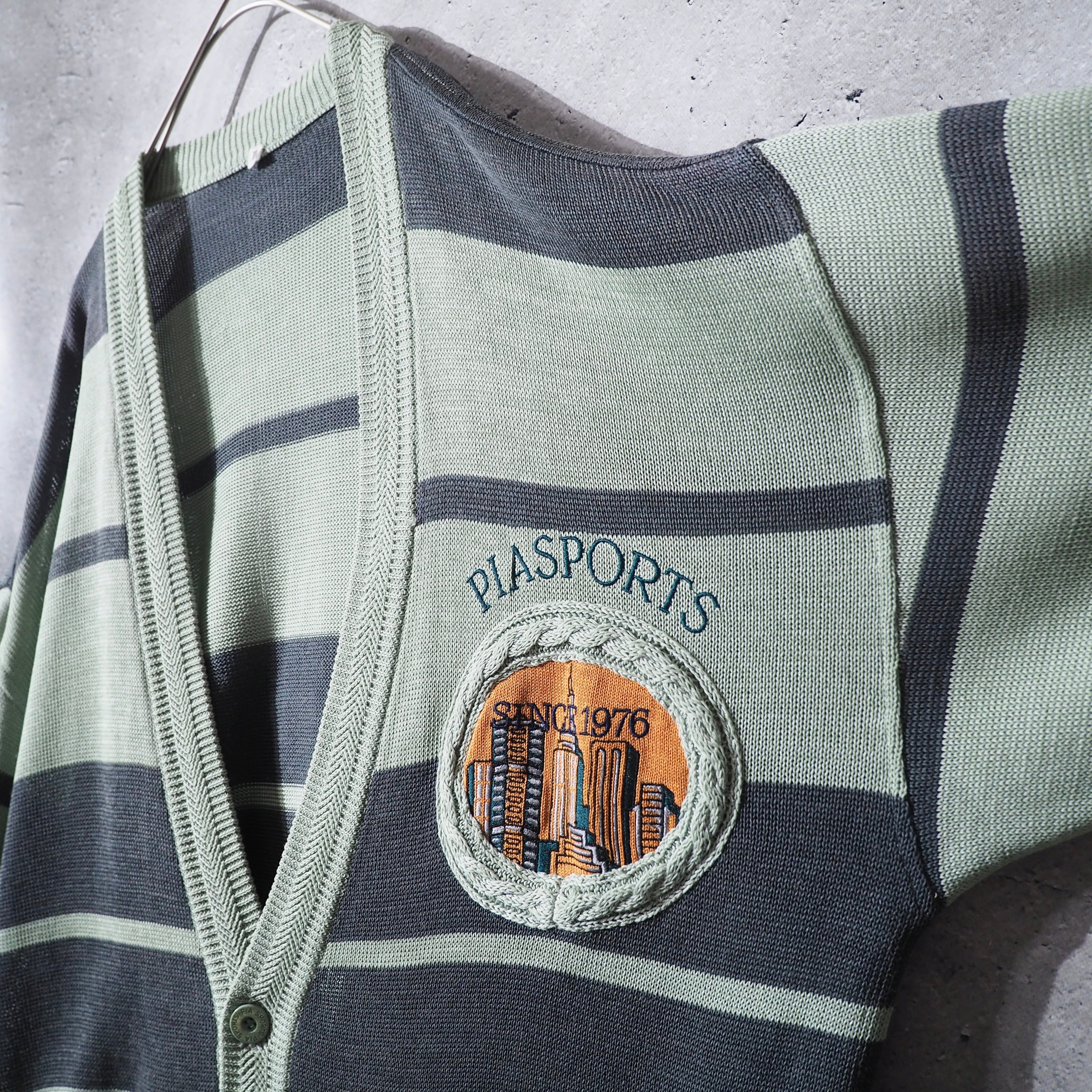 1990s " PIASPORTS " Mint green color vintage loose Border knit cardigan