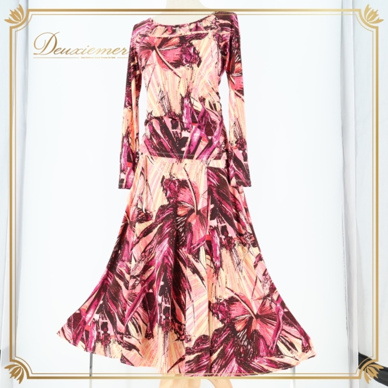 社交ダンス 衣装 チャコット Chacott ツーピース セットアップ ピンク レッスン パーティ 発表会 柄 模様 トップス スカート パープル系 ピンク系 日本製 フェスティバル おしゃれ ワンピース かわいい 伸縮性 衣装セット スリット 大人用 レディース ブランド 女性用 軽量 パーティ ドレス コスチューム