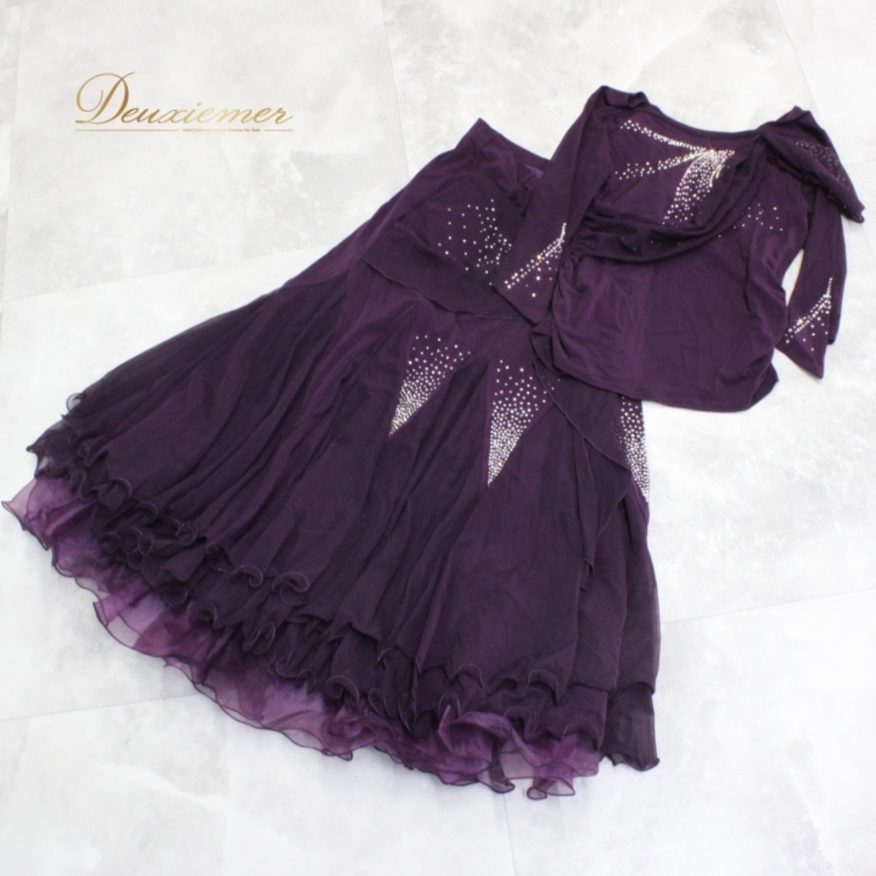 社交ダンス 衣装 スタンダード 上下セット ツーピース レッスンウェア パーティ衣装 ICHIOKU イチオク 紫 レース パープル系 ラインストーン ディープパープル 伸縮性 レディース フェス ダンス用品 発表会 衣装セット 光る プレゼント おしゃれ 女性用 高品質 お得 人気