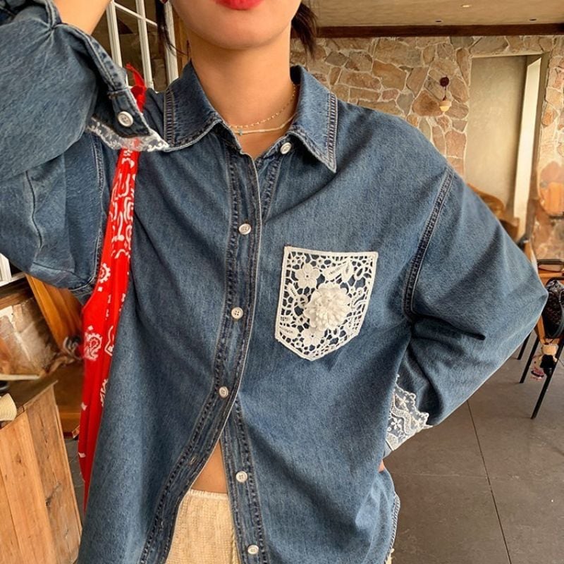 Lace detail denim shirt 00477