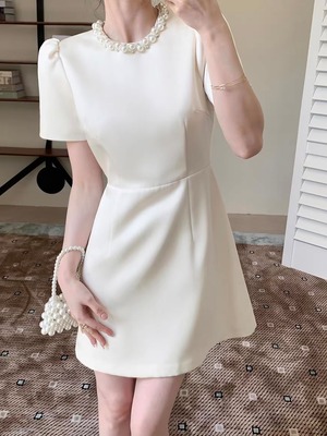 bijou neck off white short dress.3243