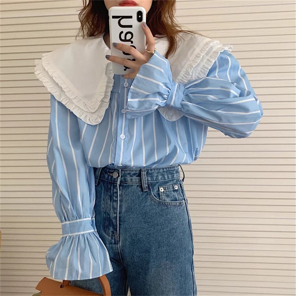 受注】Big ruffle collar blue striped shirt (ビッグフリルカラー