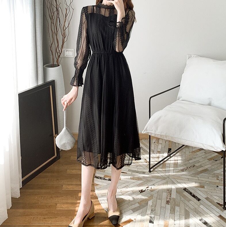 22年新作 レース ベルベット ミニフレアワンピース ハイネック チャイナ襟 黒 ミニワンピース Www Marinemastertrailers Com