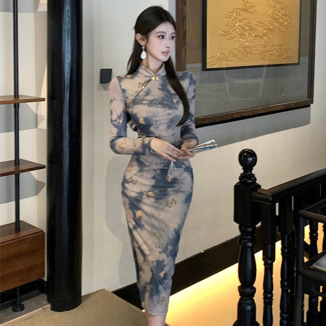 ワンピース チャイナ風 配色 おしゃれ シルエット 長袖 蝶 S M L