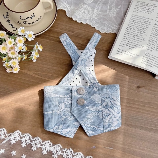 レースレイヤードデニムのサロペットスカート　犬服　00756