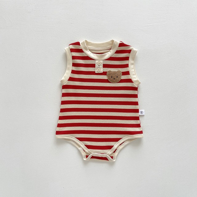 【BABY】くまワッペンストライプノースリーブロンパース - 18