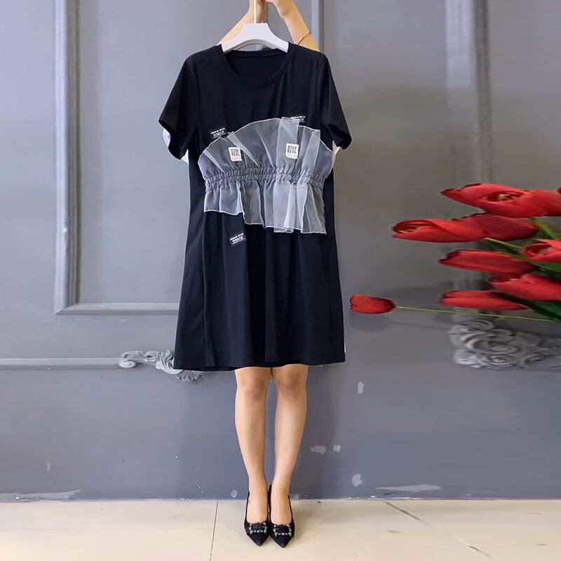 サマーラウンドネックメッシュドレス 大きめサイズ 大人ガーリー スウィート キュート カジュアル 夏物 Oネック ミックスインファッション34949660499