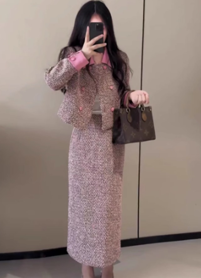 ロングスカートorミニスカ選択可能】ピンクツイードジャケット+