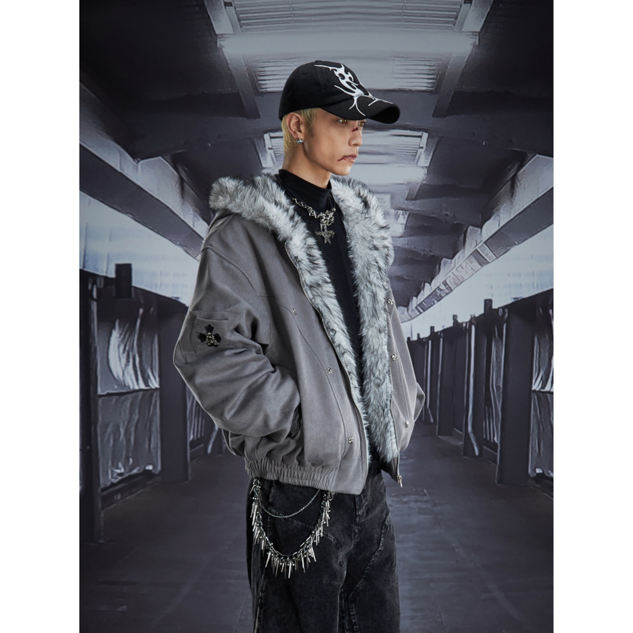 【暖かさUP】メタルクロス ファー中綿ジャケット T1977