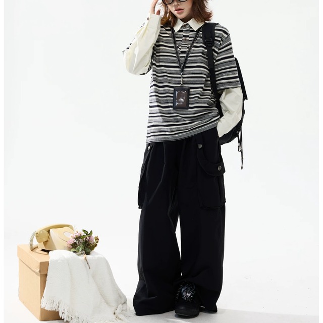 border layered-look long polo tee　ボーダーレイヤードポロロングティー　J2107