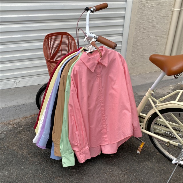 スプリングソリッド カラーシャツ レディースルーズスタンダードベーシック ロング レトロ 春物 ソリッドカラー ケッペル92860171263