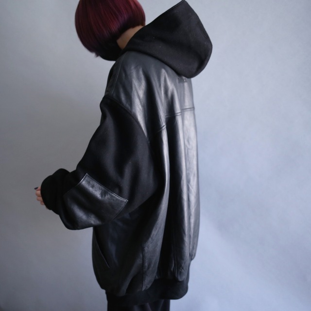 real leather switching sleeve taping and leather patch pocket design hoodie blouson