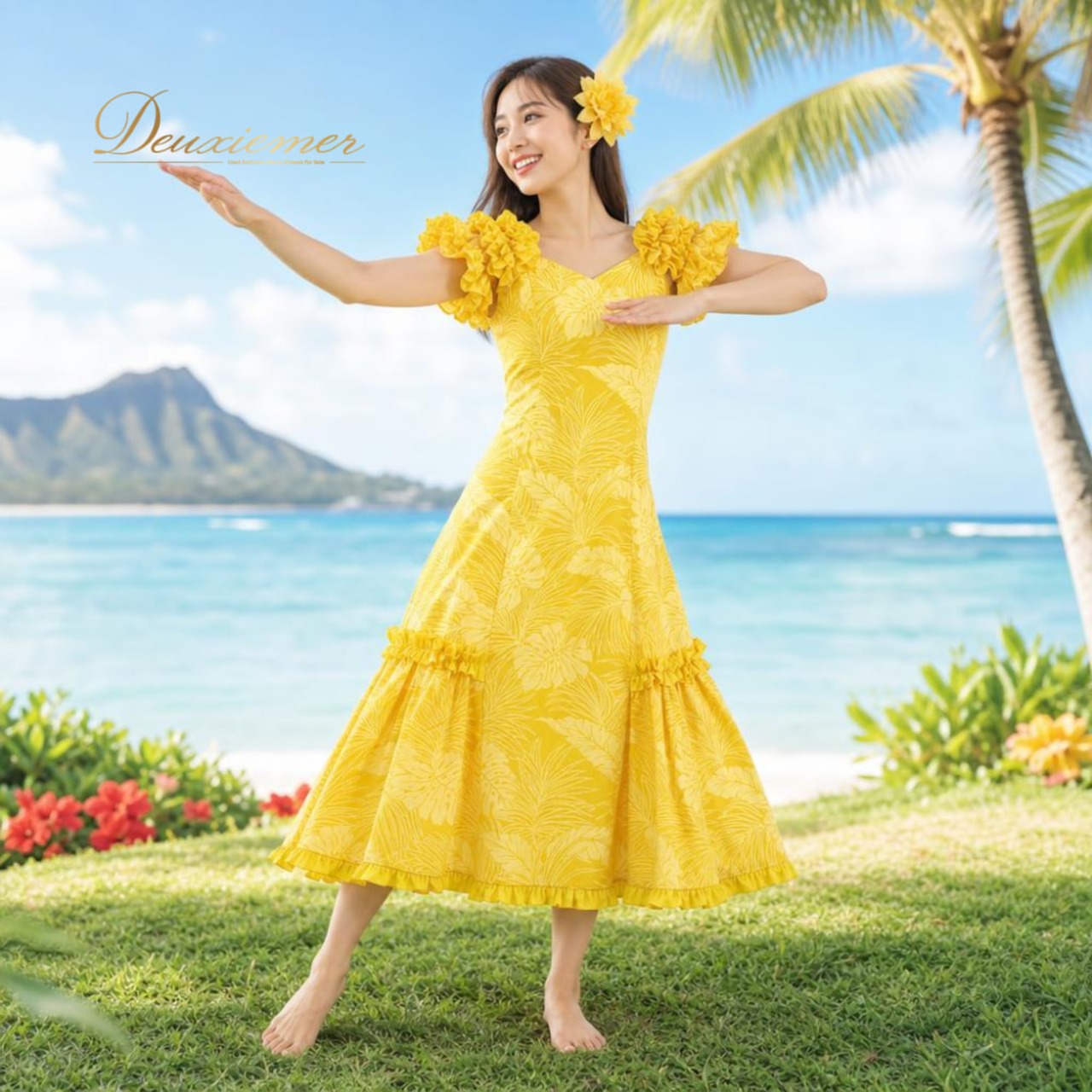 フラダンス 衣装 T&L MUUMUU FACTORY ムームーファクトリー ワンピース ドレス イエロー系 黄 モンステラ柄 植物柄 フリル ハワイアンプリント ハワイアン アロハ フラ ダンス レッスン 練習 ハワイアンダンス フレアスカート 華やか 鮮やか かわいい おしゃれ 上品