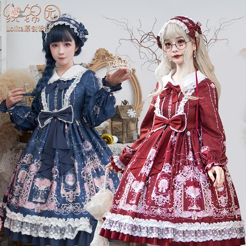 ✞✝✞ プリント柄長袖スリーブスリムドレス ワンピース ロング ✞✝✞ ゴスロリ SM ミリ 甘ロリ クラロリ 和ロリ エレガント 黒ロリ 姫ロリ 華ロリ 春 夏服 秋服 冬服 CC-CC6374884