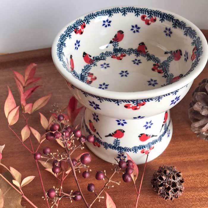 Polish Pottery ポーランド陶器 ペットボウル 高さのあるお皿 赤い鳥と