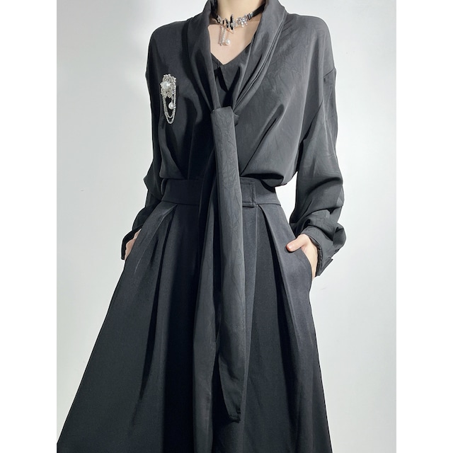 大人ゴシック ドレープブラウス＆スカーフタイ セット （ブラック／ダークブラウン）非対称Vネック×光沢サテン ゴスロリ・ダークモード対応