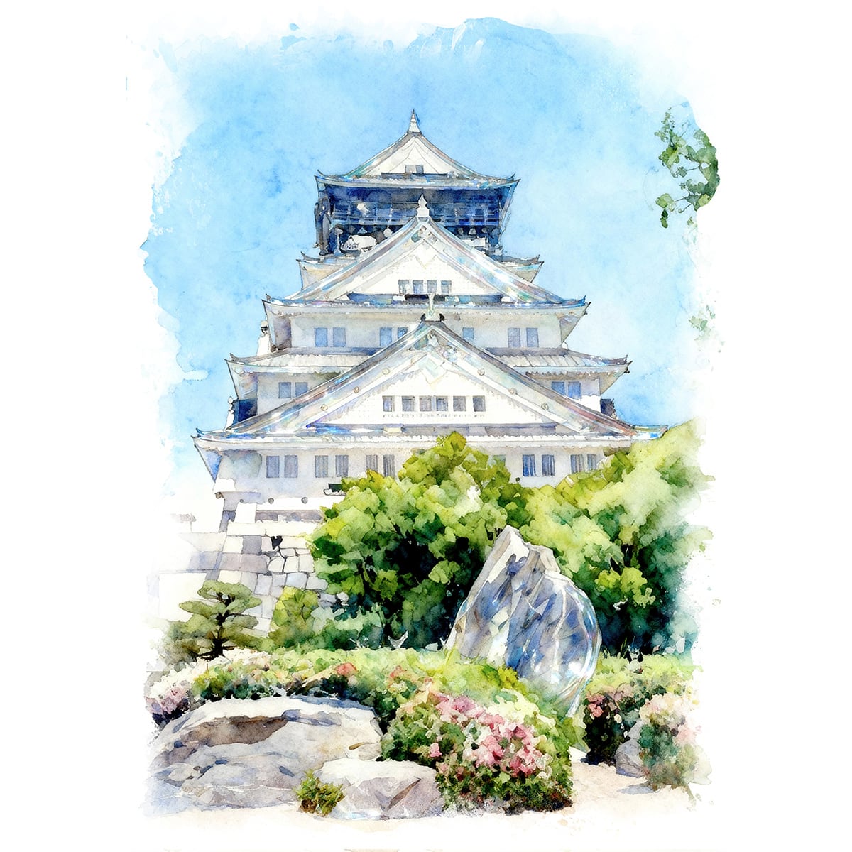 絵画 風景画 日本の城 大阪府大阪城 インテリアアート額付き 水彩画