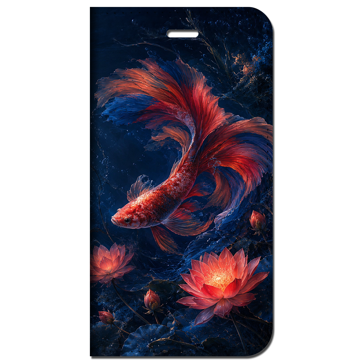 iPhone対応 スマホ 手帳型ケース 夏 闘魚 金魚 ベタ 睡蓮 コーラルレッド 深海色 トロピカル モード クール 漆黒 エッジ 高級感 メンズ ダーク 夏 ギフトスマホケース スタンド 【iPhone17 / iPhone16e / iPhone16 他 iPhone各機種対応】 |iasmmn05