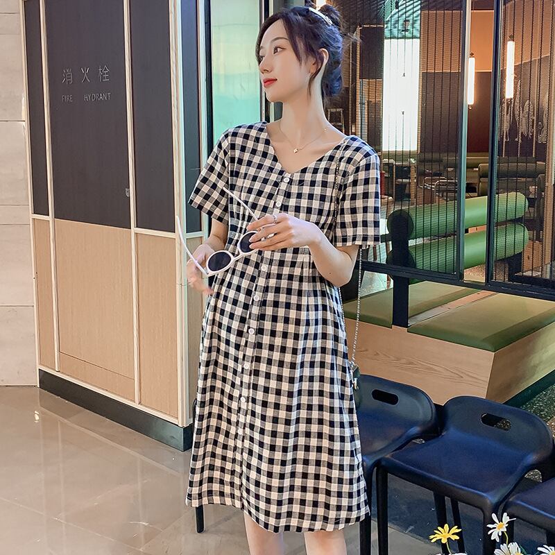【新作】【送料無料】 マタニティウェア2020夏の新しいファッションコットンとリネンのVネックチェック柄ドレスミドル丈ドレス妊婦-アリババ サマー 夏物 expec240507178695