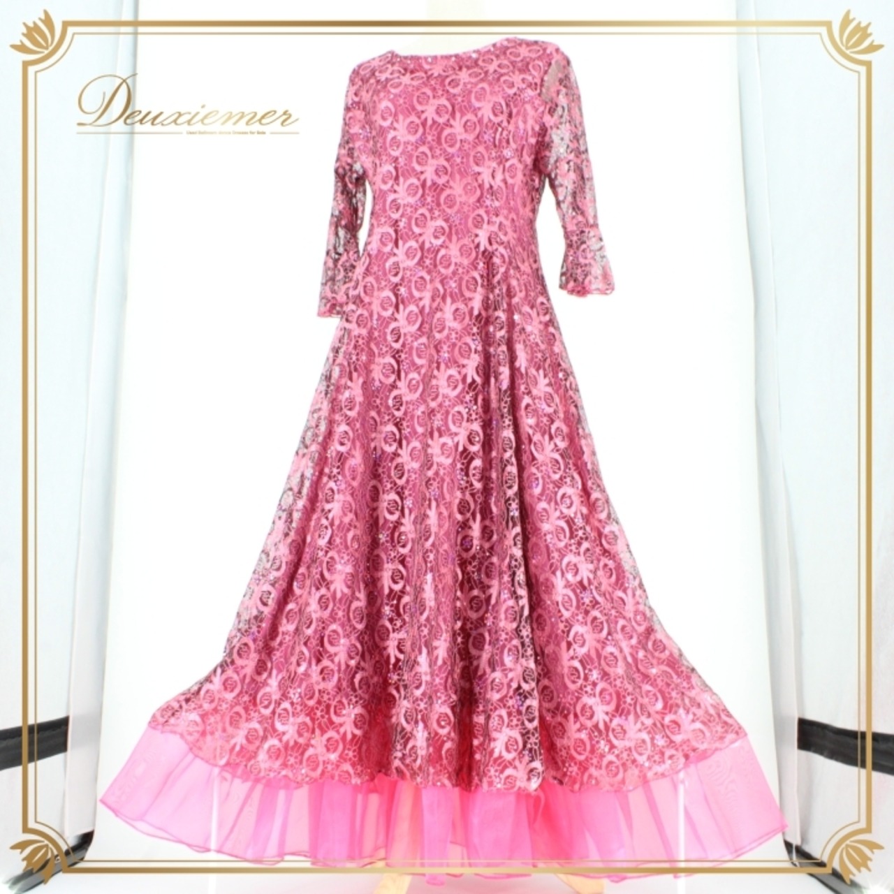 社交ダンス 衣装 スタンダード ドレス ワンピース パーティドレス un×2 ブラック系 ピンク系 黒 準正装 レース 花柄 リボン柄 デモ ストレッチ フェミニン 薄手 おしゃれ 大人 ピンクブラック 結婚式 オケージョン フォーマル トレンド 人気 デザイン 成人式 着心地 薔薇模様 パーティ用 特別な日 祝い事 イベント ファッション