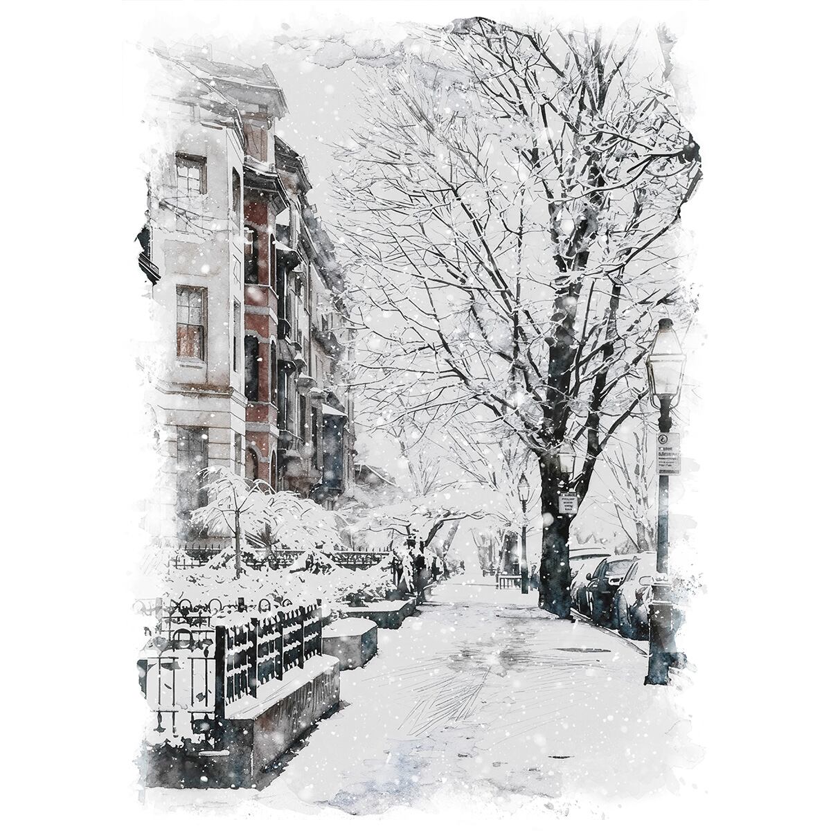 絵画 アメリカ 風景画(街並み) 冬 雪が降る ボストン インテリアアート