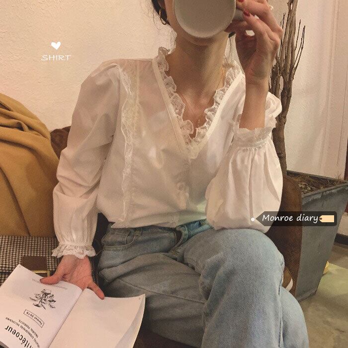 ホワイトレースシャツ オータムウィンタースタイルトップス ジャケット 秋物 冬物 モンロー33381691581