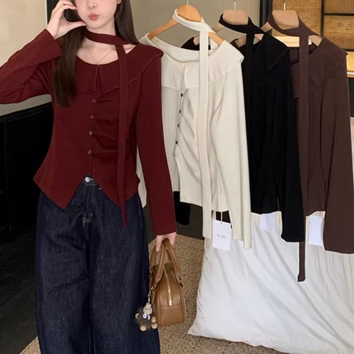 【2点セット】4色／ラウンドネックフロントスリットトップス＋チョーカーマフラー ・74760