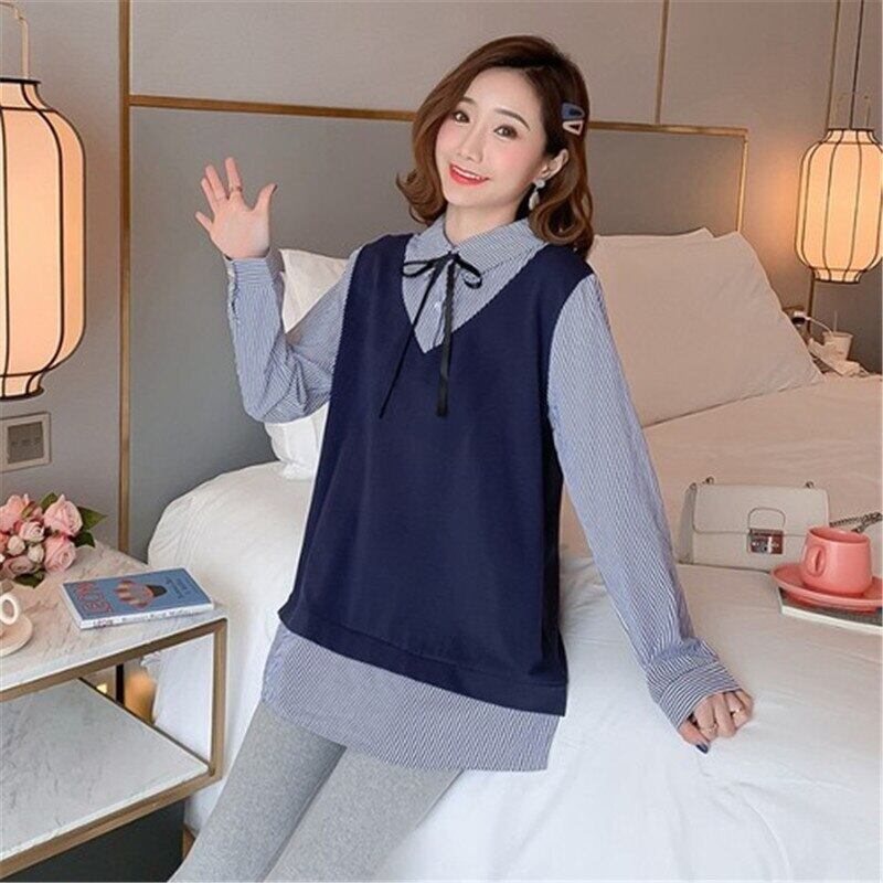 【新作】【送料無料】 2個マタニティ服春秋ストライプ長袖ワンピースレイヤールックマタニティトップス2個マタニティドレスセット ロング スプリング 春物 オータム 秋物 AL expec34468533405