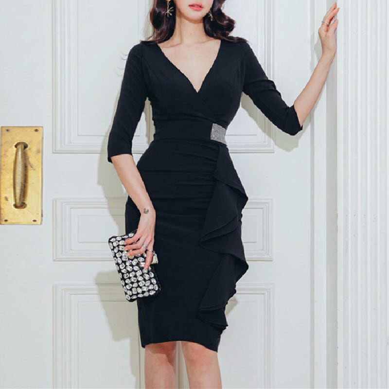 ワンピース Ol フォーマル Vネック シンプル 黒 ファッション 女性らしい ブラック S M L Ll Dresszone