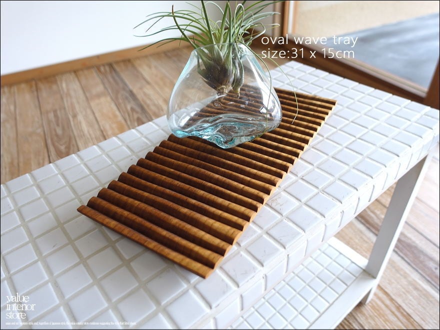 チーク無垢材 トレイovalwaveW31cm ディスプレイトレイ 飾り台 花台 アクセサリートレイ 香台 ペントレイ 植物置き
