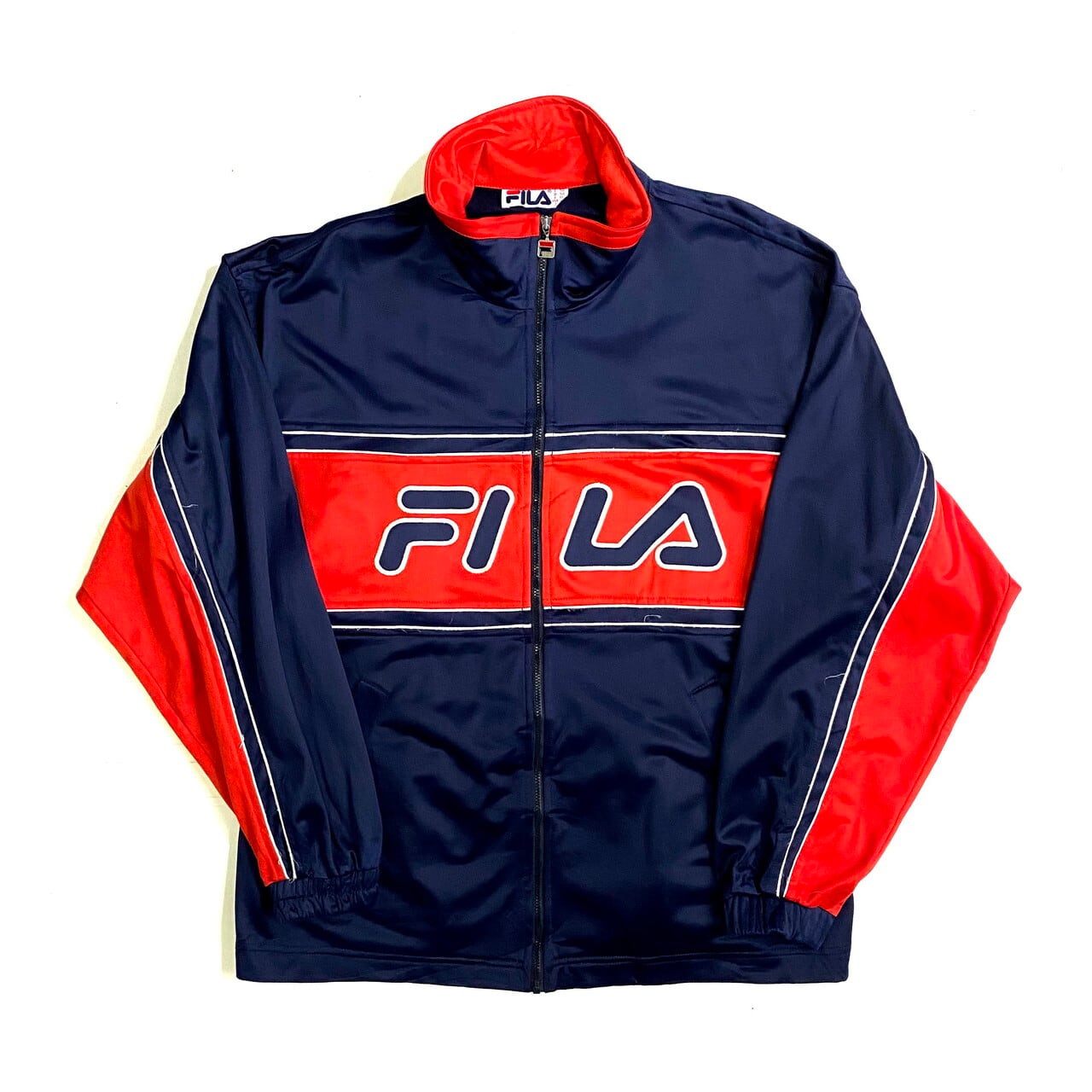 80年代 FILA フィラ ビッグロゴ刺繍 ジャージ トラックジャケット メンズXL 古着 ネイビー×レッド 紺 赤 ヴィンテージ  ビンテージ【ジャージ・トラックジャケット】【SA2204】 | cave 古着屋【公式】古着通販サイト