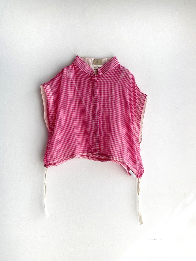 Frenchsleeve string short length top "light pink gingham check " khadi cotton