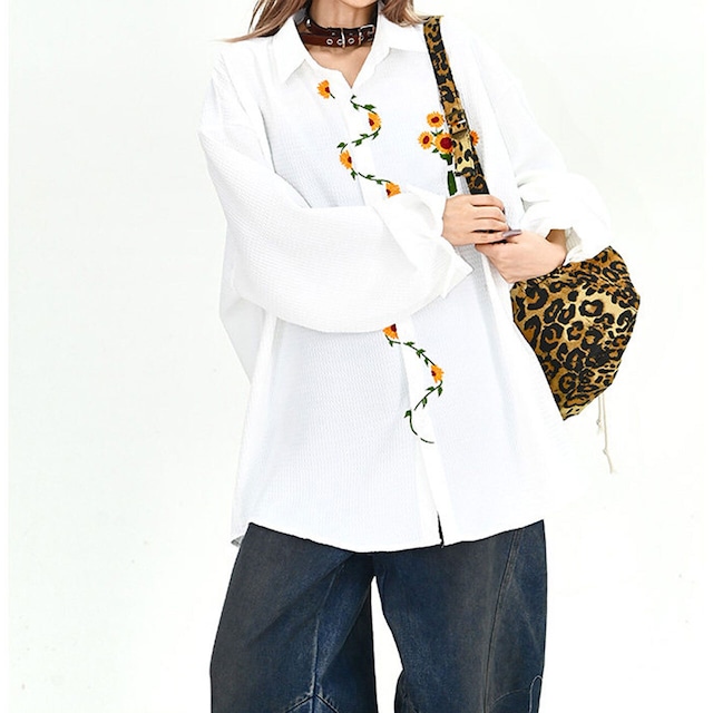 サンフラワーエンブロイダリールーズフォルムシャツ 2col   R01909