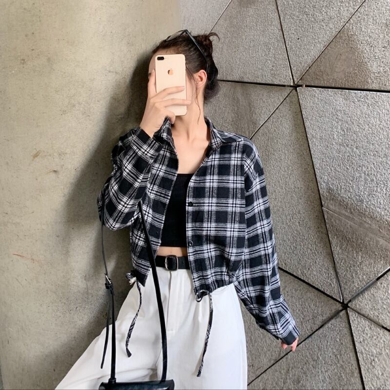 オールマッチのクリックチェック柄ショートシャツレディース2020年春秋新作ルーズレトロ巾着スリム長袖ジャケット 1号婦人88536799756