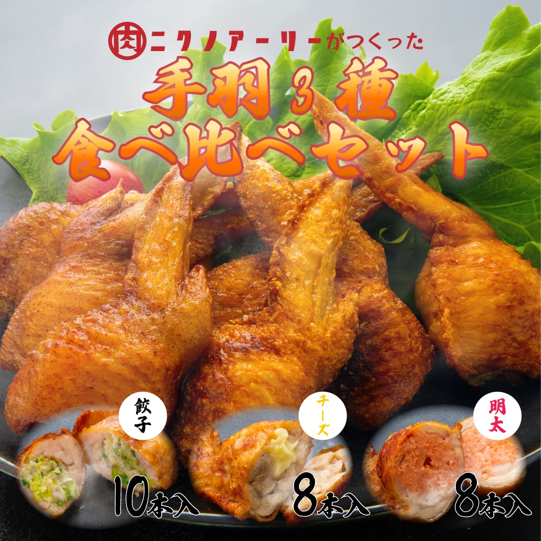 宮崎発祥！ニクノアーリー自家製　手羽餃子・手羽明太・手羽チーズ食べ比べセット！計26本（餃子10本・明太・チーズ各8本）お弁当やご家庭でどうぞ！