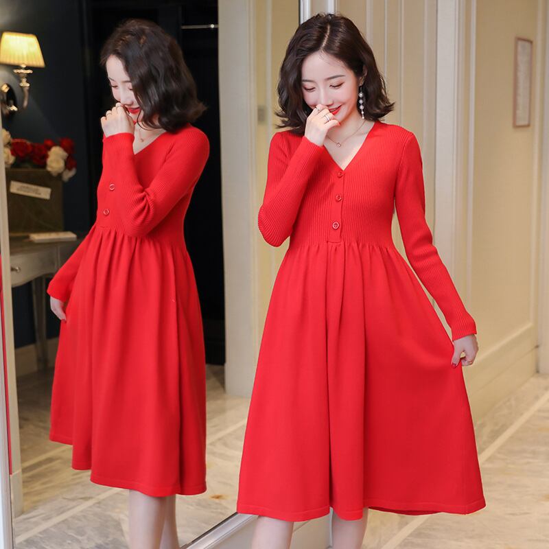 【新作】【送料無料】 マタニティウェア2020秋と冬の新しいニットVネックルーズドレス、年齢を減らすミドルからロングファッションのトレンディなマタニティドレス-アリババ オータム 秋物 ウィンター 冬物 expec29069499442