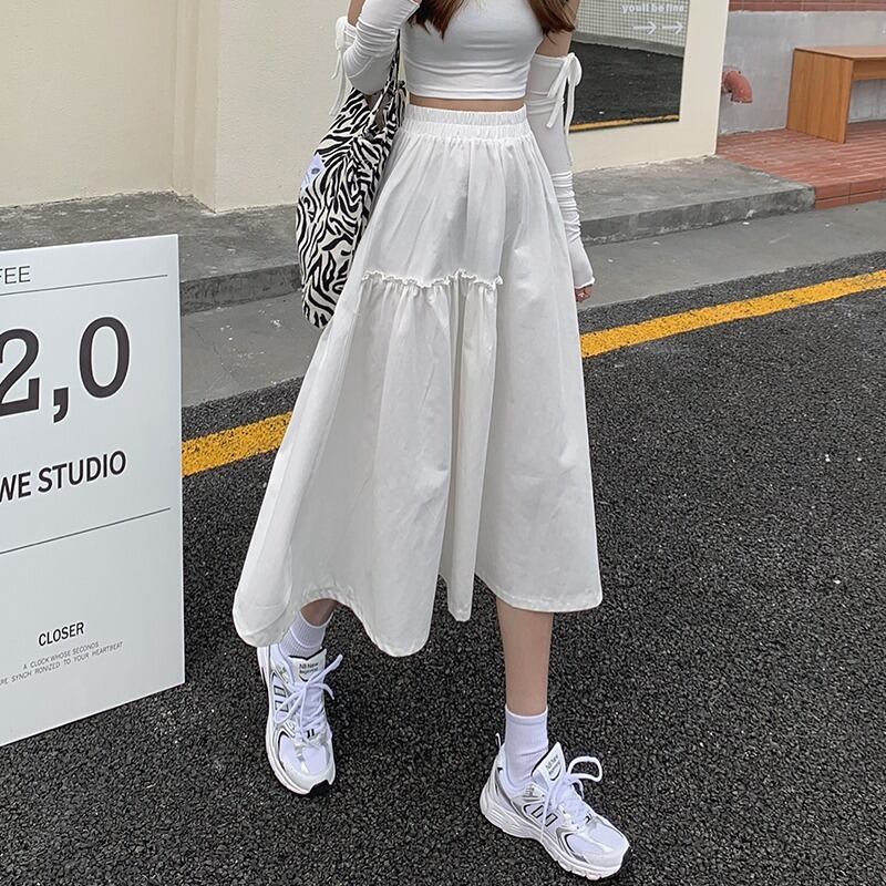 ホワイトAラインスカート スプリングオータムハイウェストウェスト薄手 春物 秋物 1号婦人74102535006