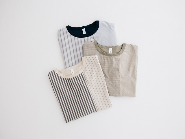 プリット prit 47/2サイロプレミアム天竺×ブロードストライプパッチワーク切替7分袖ビッグPO(P91255)全3色