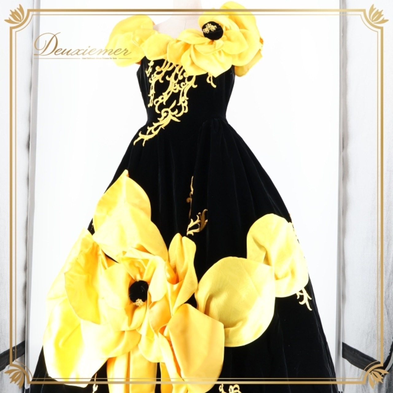 パーティドレス ワンピース ドレス ブラック系 イエロー系 グレイス GRACE 黒 黄色 オレンジ ベロア 発表会 演奏会 ボリューム 花 フラワー パーティー おしゃれ 豪華 レディース 華やか